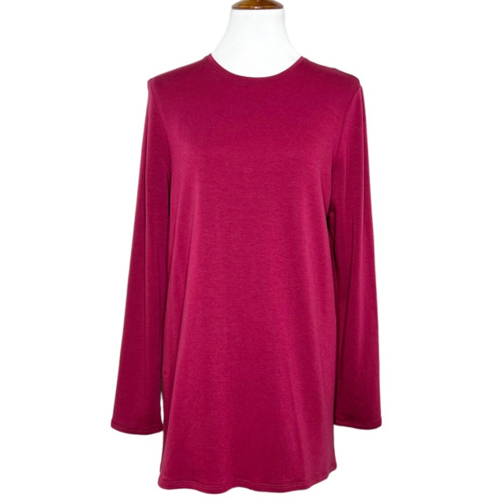 J. Jill Draped High Low Peplum Back Cranberry Pink Long Sleeve Knit Tunic Top M